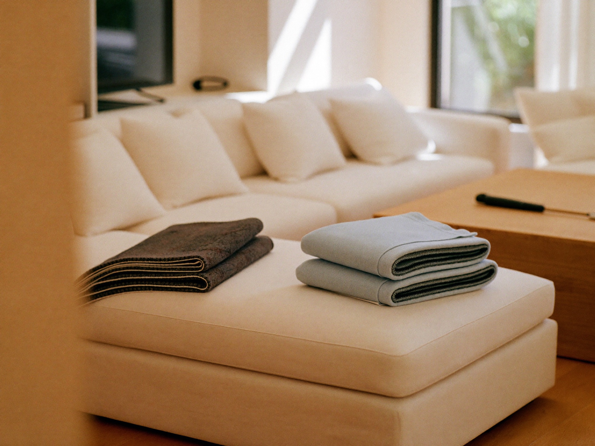 Freshly cleaned shared living area with clear surfaces and neatly arranged cushions