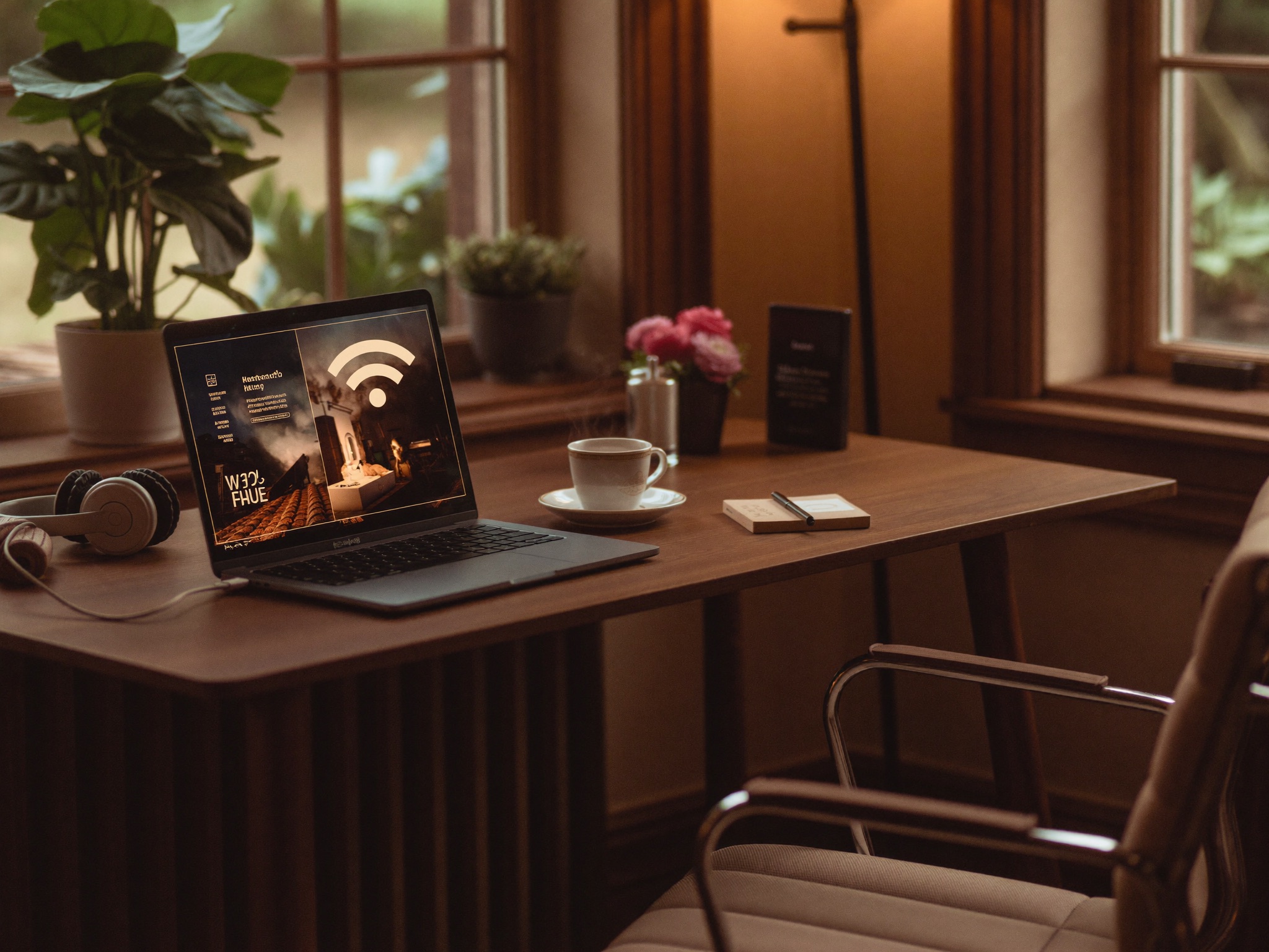 Laptop open on a desk by a sunlit window in a furnished private room